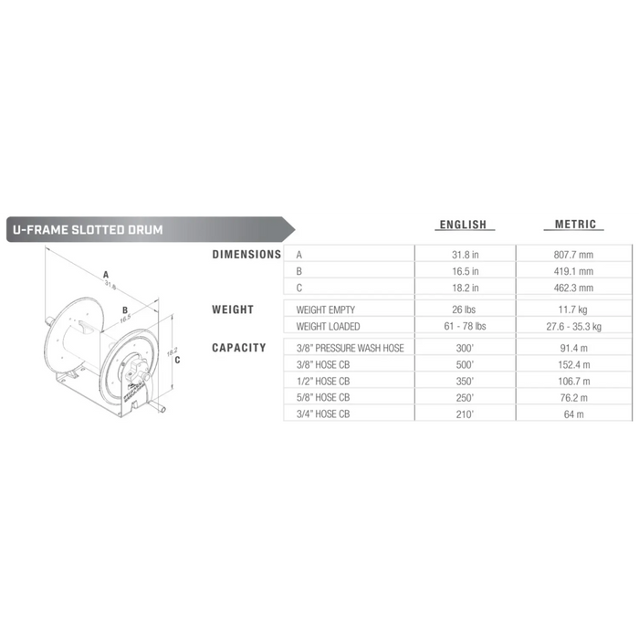 Stingray U-Frame Manual Hose Reel dimensions